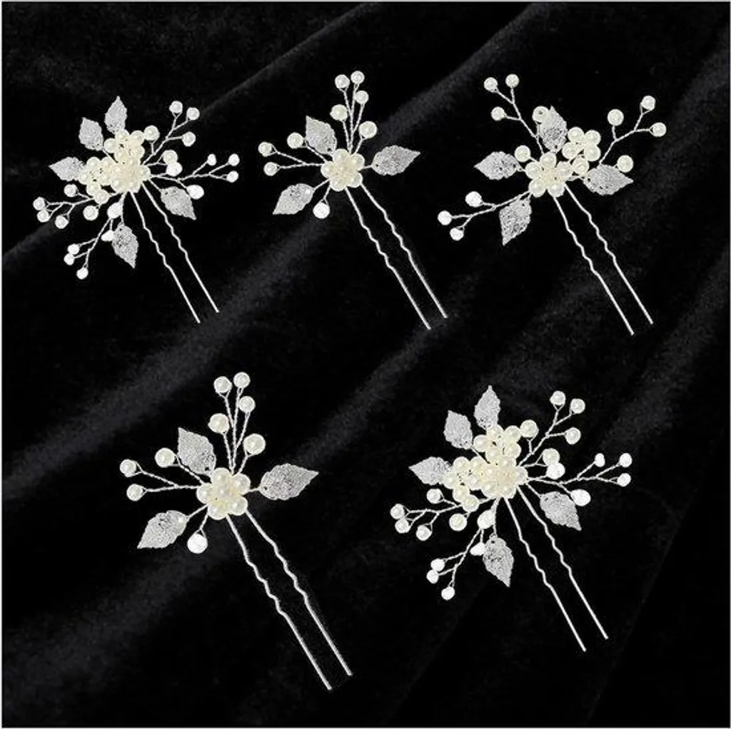 Barrettes mariage fleurs de soie et perles argentées lot de 5 pièces