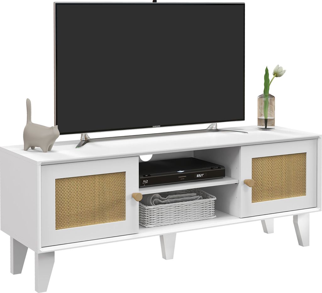 HOMCOM TV-Schrankmöbel für Fernseher bis zu 55 Zoll mit verstellbarem Regal und 2 Rattantüren für Schlafzimmer, Wohnzimmer, 120 x 35 x 46 cm, W...