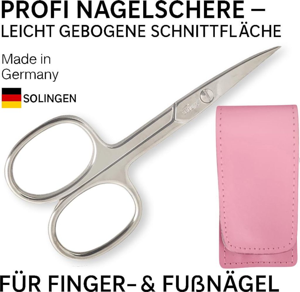 Solingen Nagelschere gehärteter Stahl Extra scharf mit gebogener Schneide Echt-Leder Etui Beere