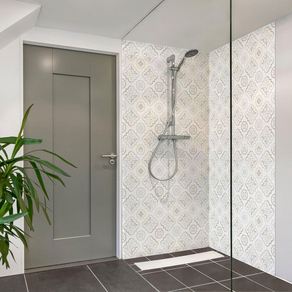 Duschrückwand Muster selbstklebend - 0.61 mm Wandpaneel wasserfest Ornament beige Fliesenoptik Abstrakt Badrückwand fugenlos Premium matt 80x210 cm