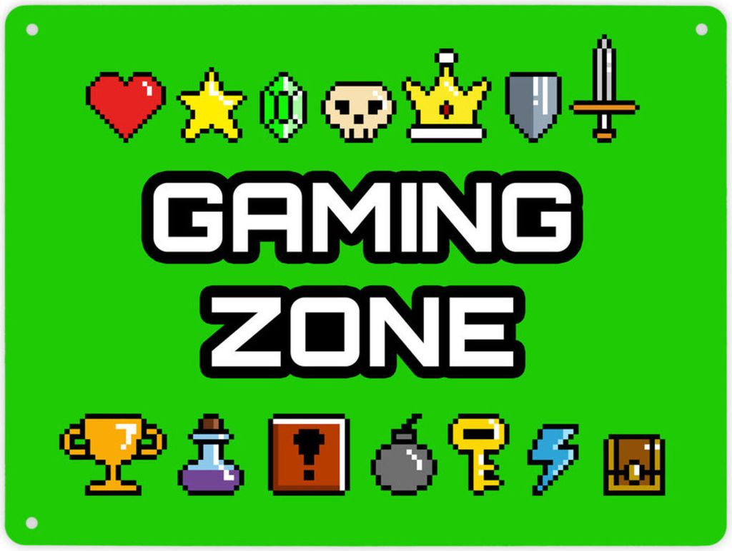 Gaming Zone Metallschild XL in 21x28 cm mit Pixel-Items für Zocker in grün