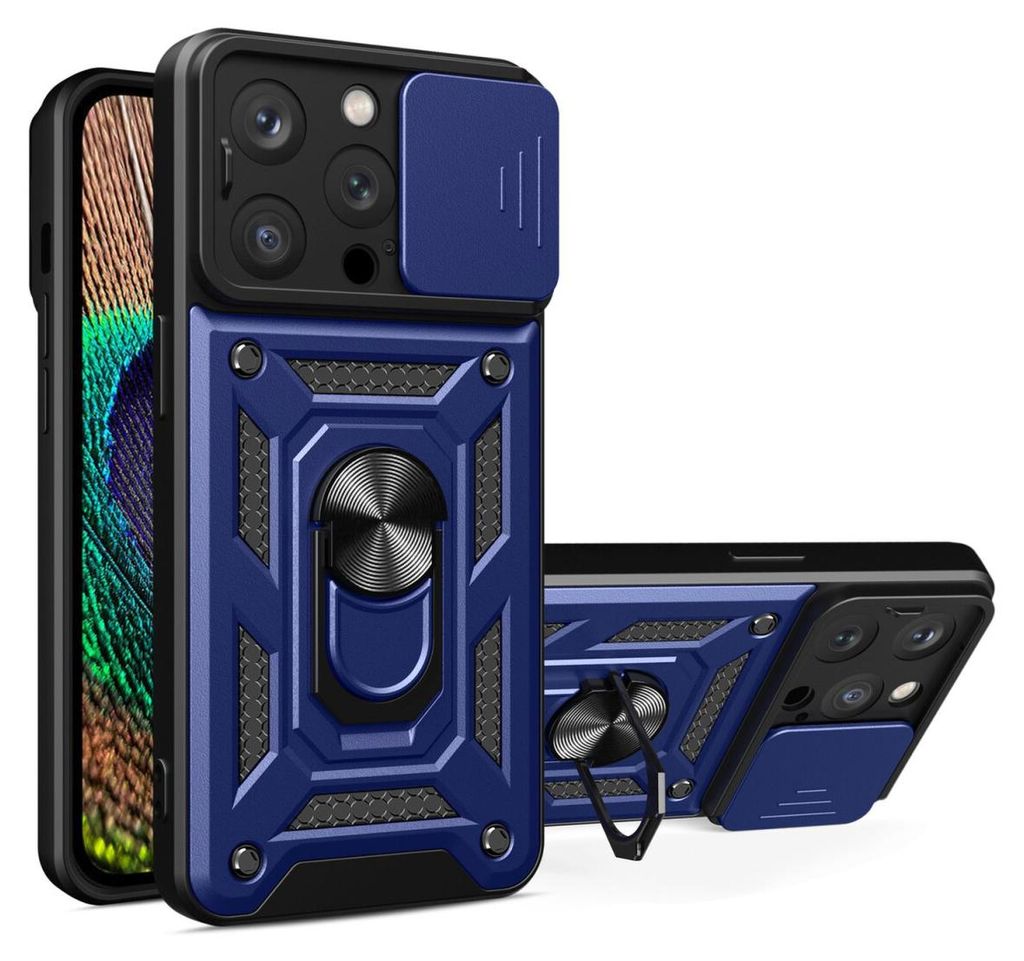 Hybrid Armor Camshield-Hülle mit Ring Ständer und Kameraschutz für iPhone 15 Blau