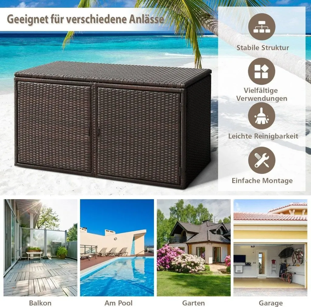 Coffre à coussins rotin marron 335L - Coffre de rangement terrasse