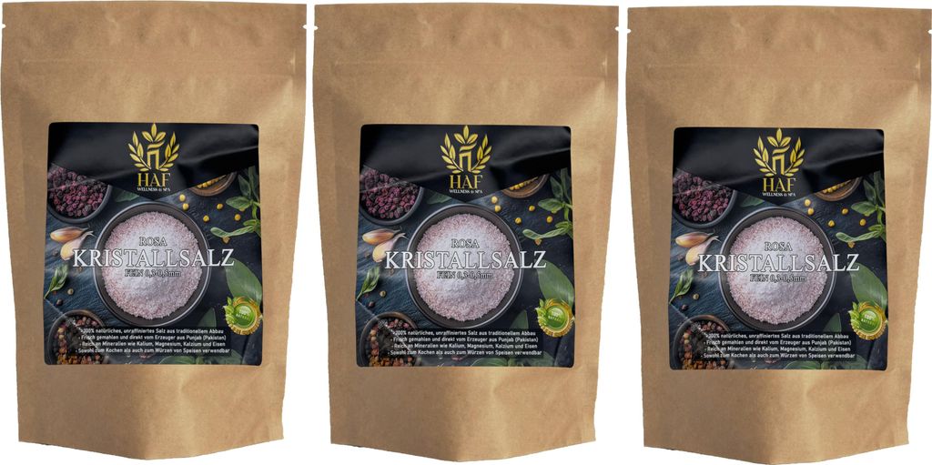 HAF 3 x 1 kg Rosa Kristallsalz 0,3–0,5 mm | 100% Natürlich, Handabgebaut, Unraffiniert | Steinsalz aus Pakistan | Ideal zum Kochen und für Salz...