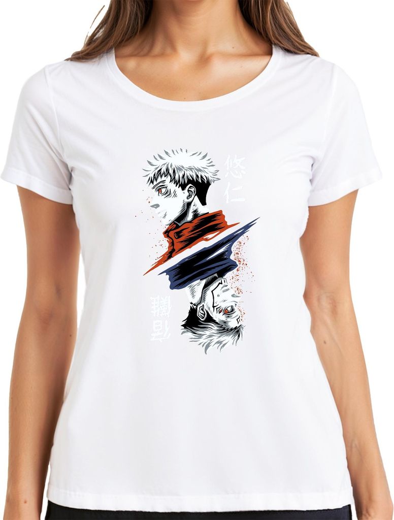 Jujutsu Kaisen Yuji Itadori Dual Face Fluch Anime Geschenk Damen T-Shirt, Weiß, 3XL