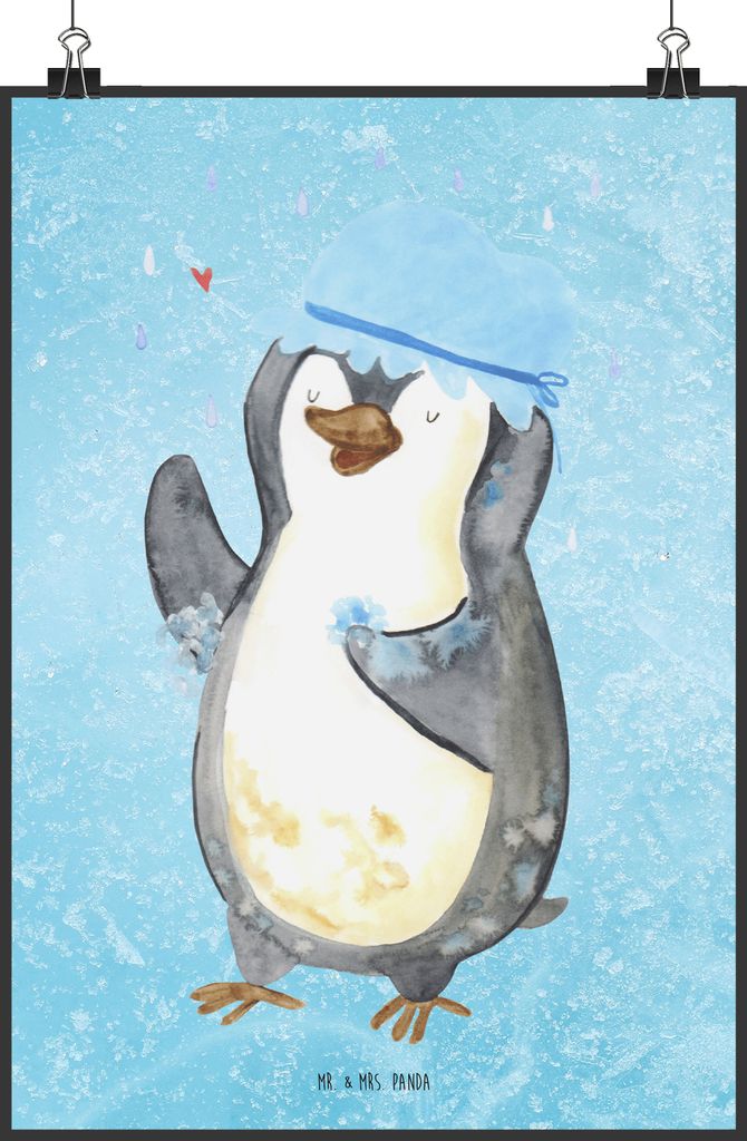 Mr. & Mrs. Panda Bild Pinguin Duschen DIN A1 - Eisblau - Geschenk, Duschkonzert, Baden, Dusche, Singen, glücklich sein, drucke, wanddeko, Kunstdru...