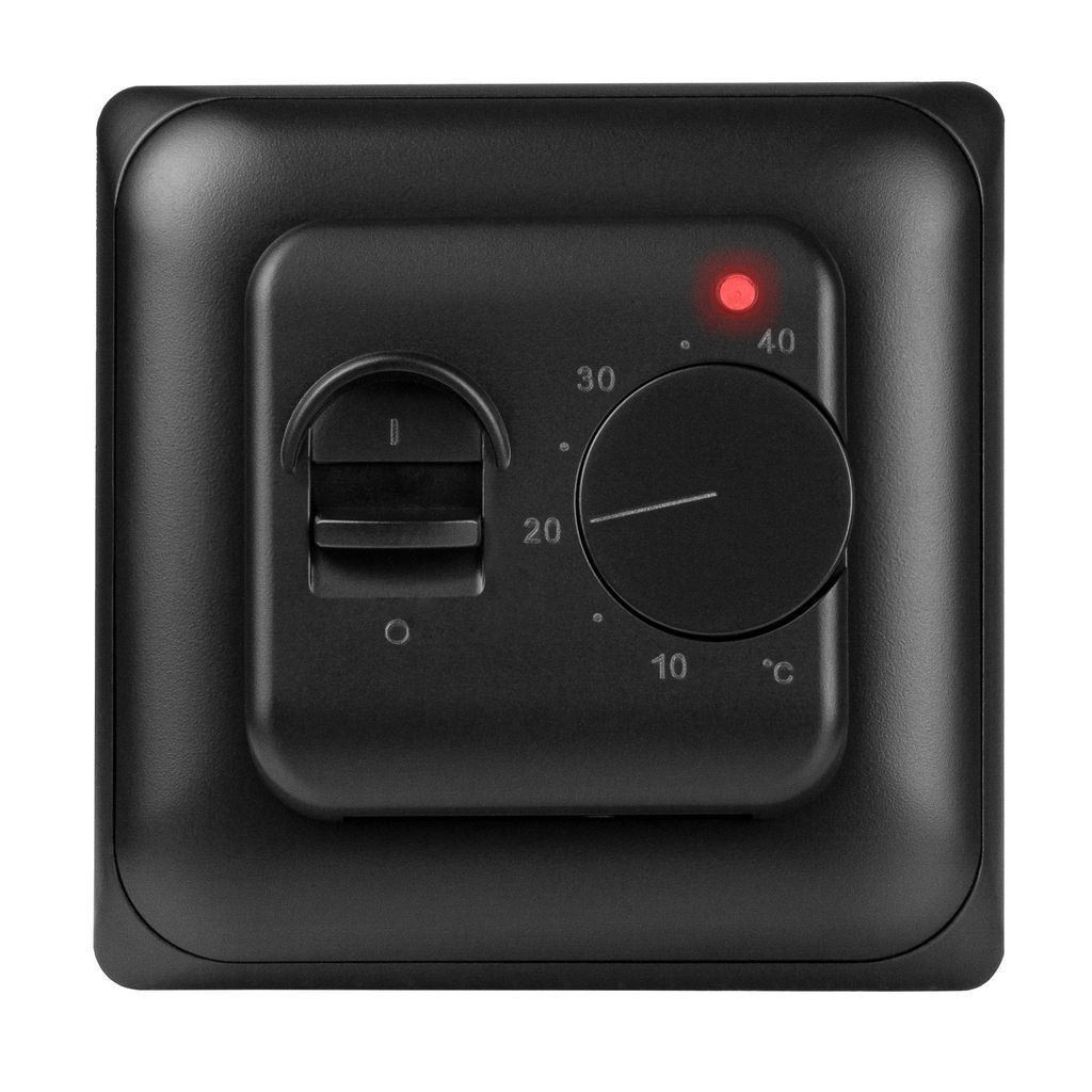 A black thermostat with a dial and a red indicator light.