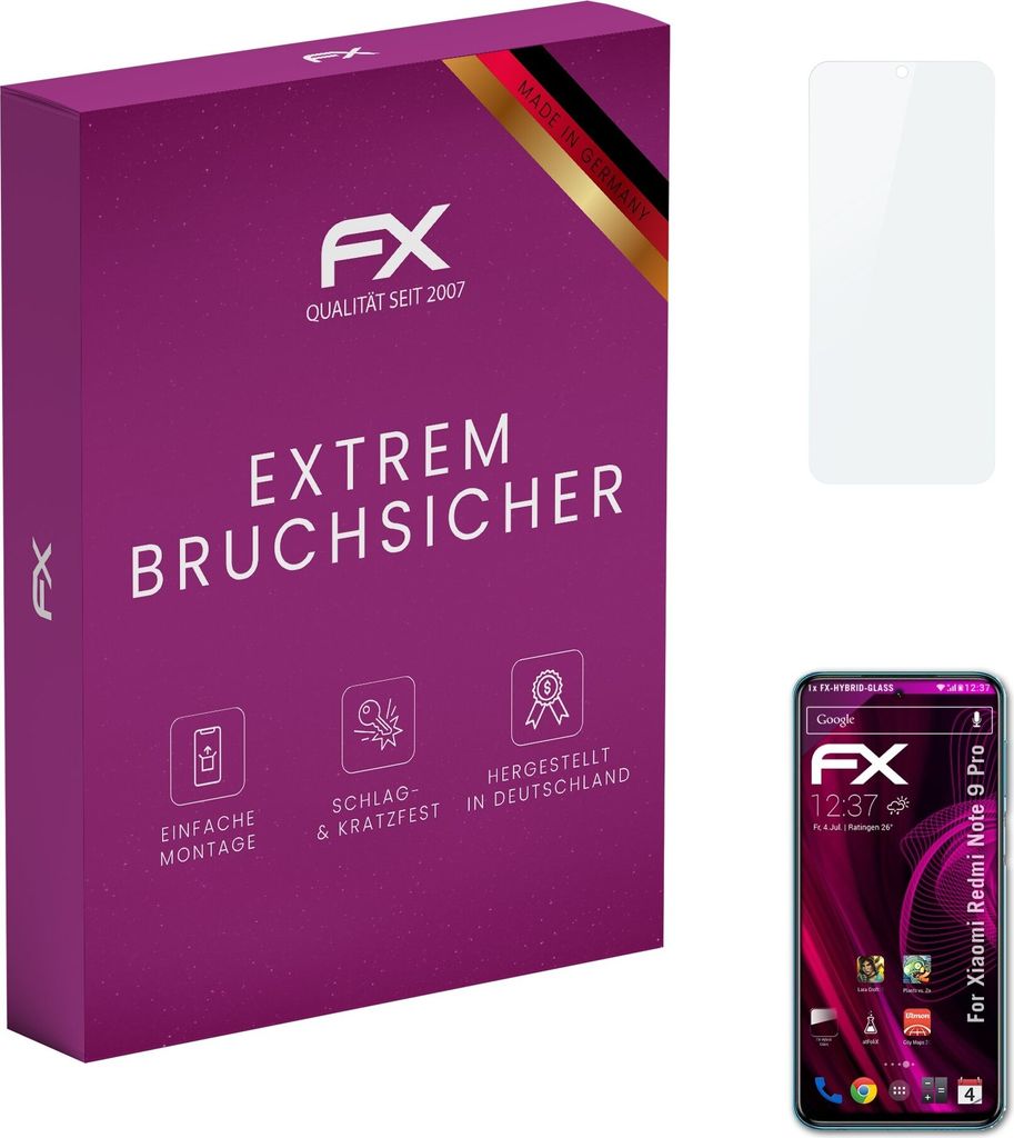 atFoliX FX-Hybrid-Glass Displayfolie kompatibel mit Xiaomi Redmi Note 9 Pro Glasfolie