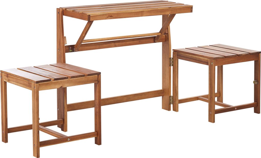 A wooden garden bench with two attached stools, presented against a white background.
