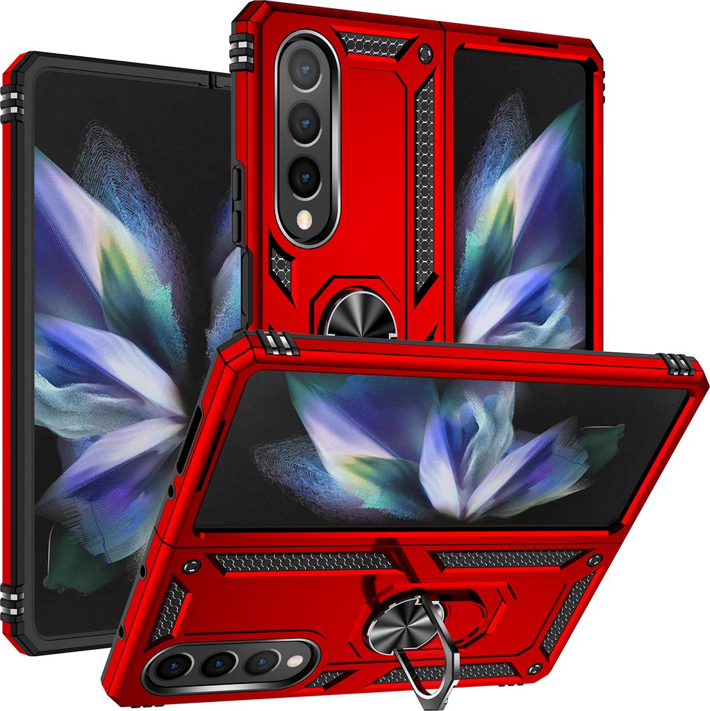 Samsung Galaxy Z Fold4 Hülle, Dual Layer Militäre Fallschutz Schutzhülle mit Ringhalterung Ständer für Samsung Galaxy Z Fold 4 5G Rot
