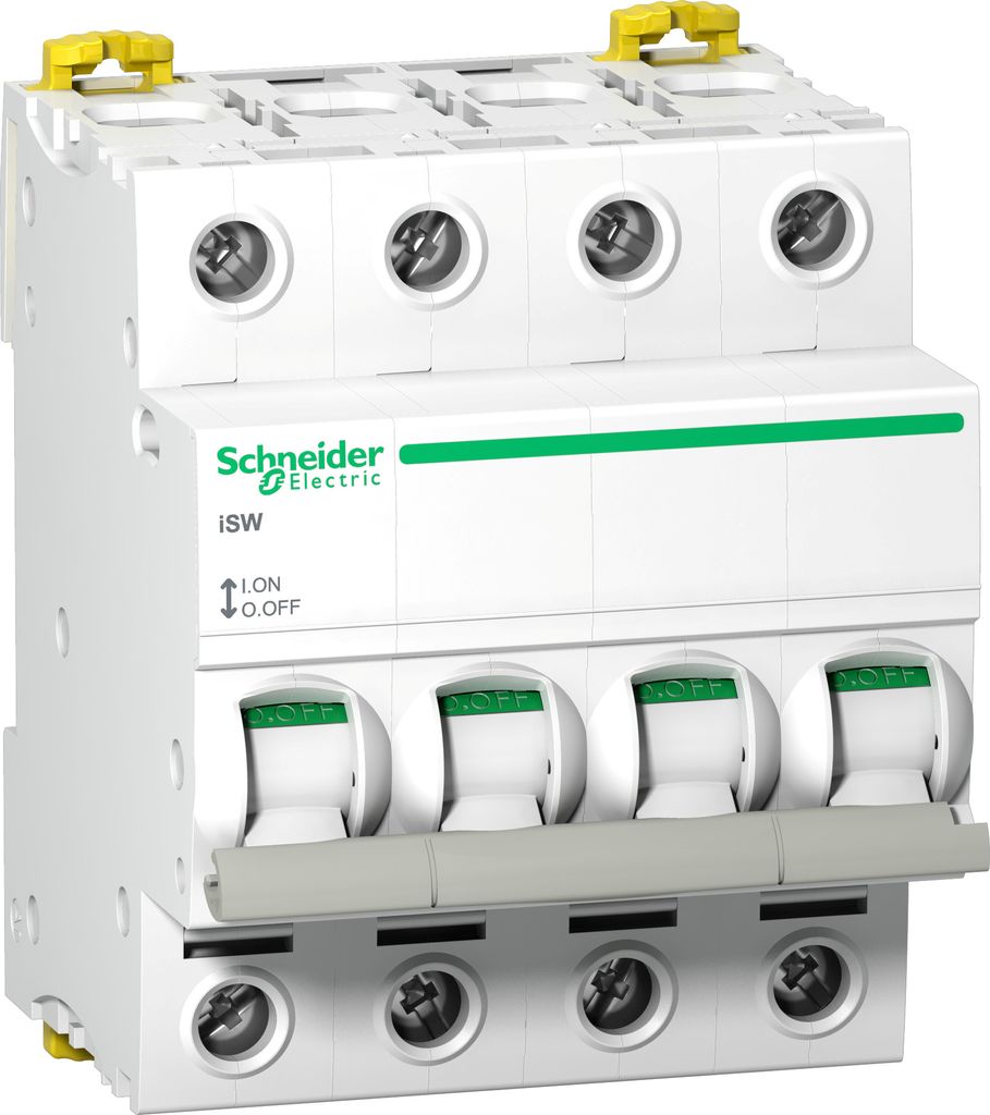 A white electrical circuit breaker with green and yellow accents, displayed against a white background.