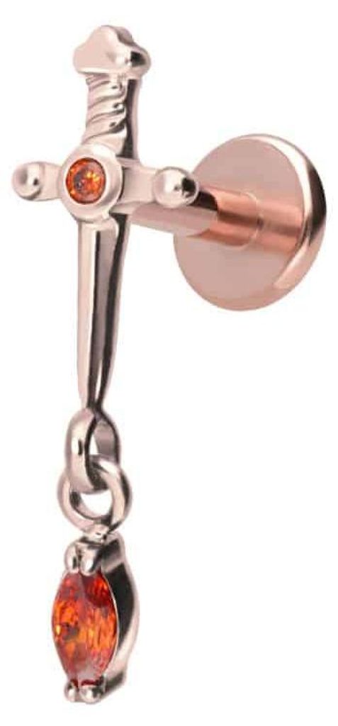 Ohrpiercing, Nasenpiercing Titan Labret mit Innengewinde DOLCH + KRISTALLTROPFEN RoséGold Stablänge: 10mm | Stabstärke: 1,2mm