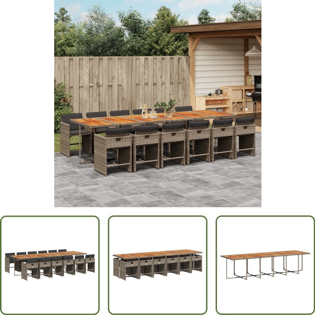 The Living Store 13-tlg. Garten-Essgruppe mit Kissen Grau Poly Rattan