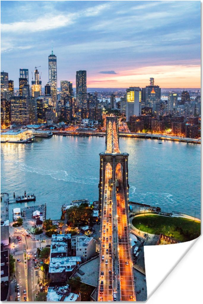 MuchoWow Poster Eine Luftaufnahme der New Yorker Brooklyn Bridge bei Sonnenuntergang 120x180 cm - Kunstposter