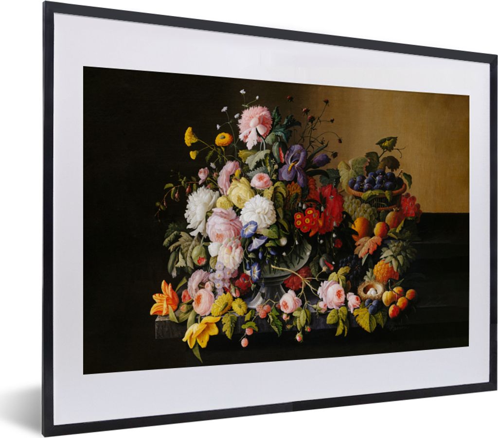 MuchoWow Gerahmtes Poster Stilleben mit Blumen und Früchten - Kunstwerk - Alte Meister 40x30 cm - Poster mit Schwarzem Bilderrahmen Wandposter R...