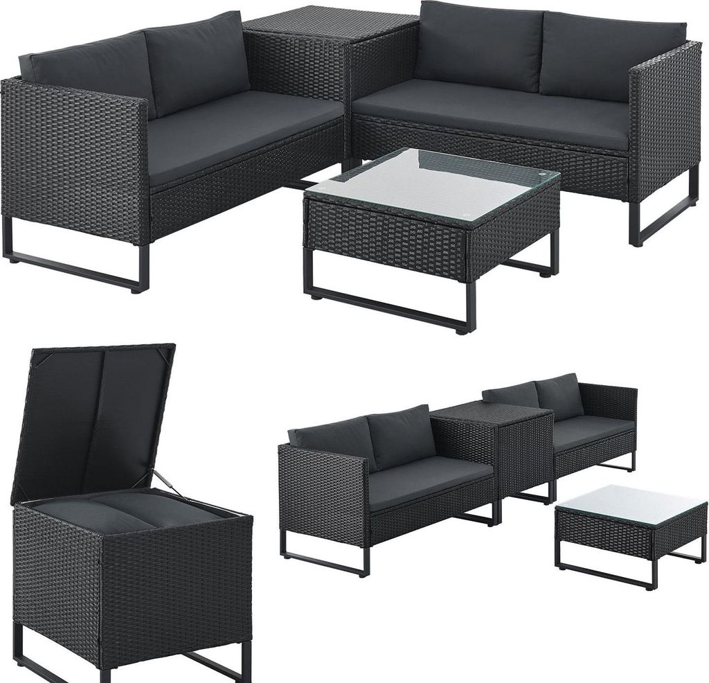 A collection of black polyrattan outdoor furniture pieces, including a sectional sofa, a coffee table, and a storage box, arranged on a white background.