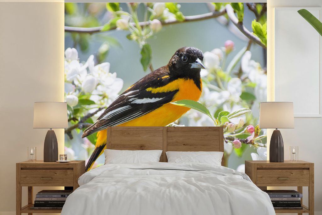 MuchoWow Fototapete für Wohnzimmer oder Schlafzimmer Wandtapete Vinyl Motivtapete Vogel - Blumen - Farben - 300x300 cm - Wanddekoration