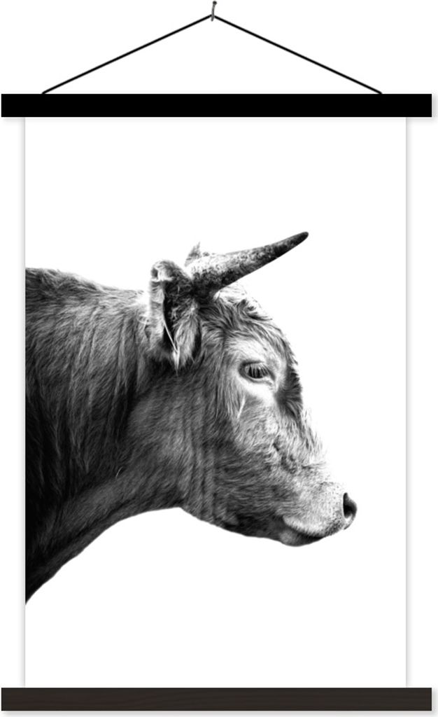 MuchoWow Textilposter Seitenansicht eines schottischen Hochlandrinds - schwarz und weiß 60x90 cm mit schwarzem Rahmen - Poster Wohnzimmer