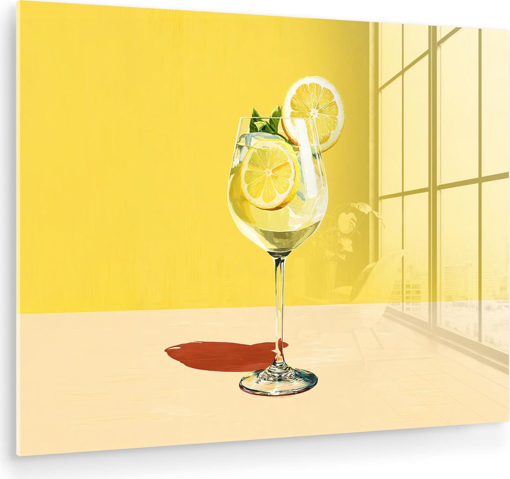 MuchoWow Glasbilder - Bilder auf Wandbild - Foto auf Glas Weinglas - Zitrone - Gelb - Minimalistisch 80x60 cm Wanddekoration aus Glas - Acrylglasbi...