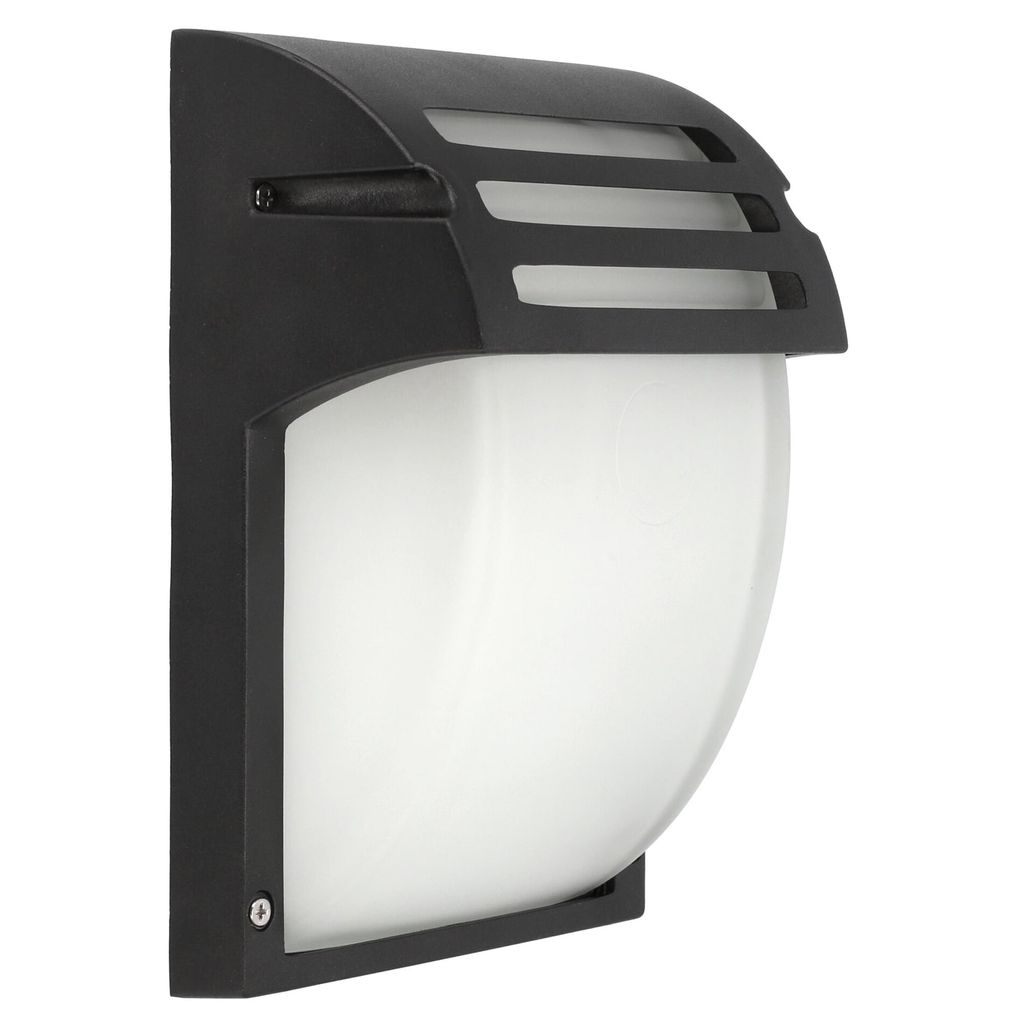 A black outdoor wall light with a white diffuser.