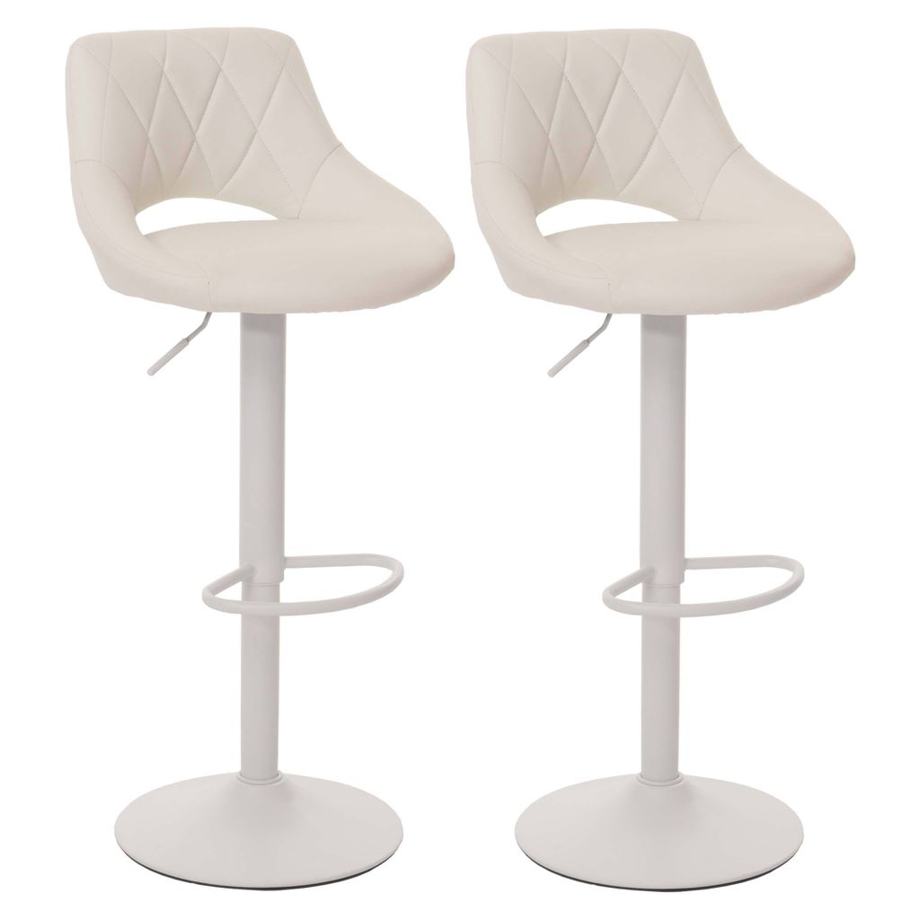 Two white bar stools are shown against a white background.