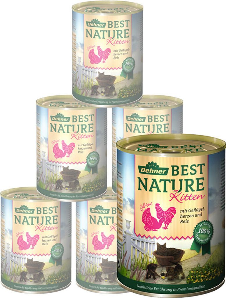 Dehner Best Nature Katzenfutter Kitten, Nassfutter, für junge Katzen, Geflügelherzen / Reis, 6 x 400 g Dose (2.4 kg)