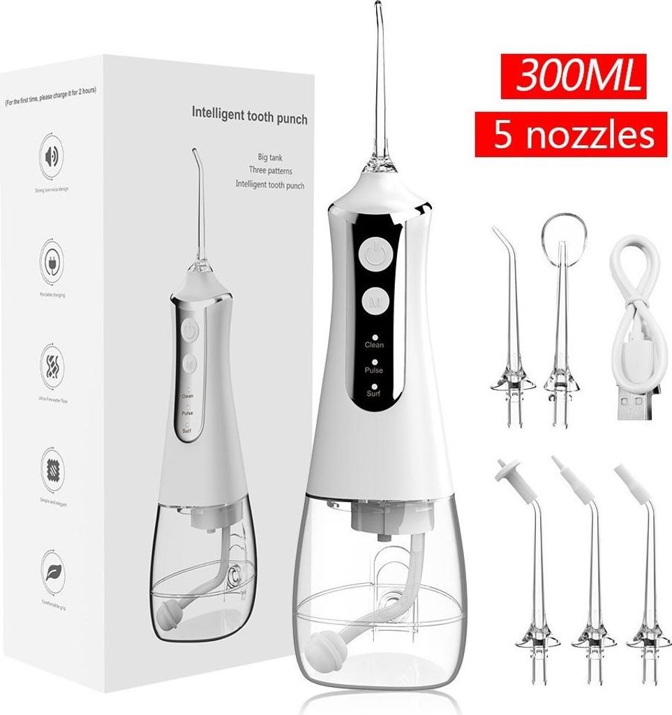 INF Tragbarer Elektrischer Zahnreiniger - USB Aufladbar mit 5 Düsen Weiß