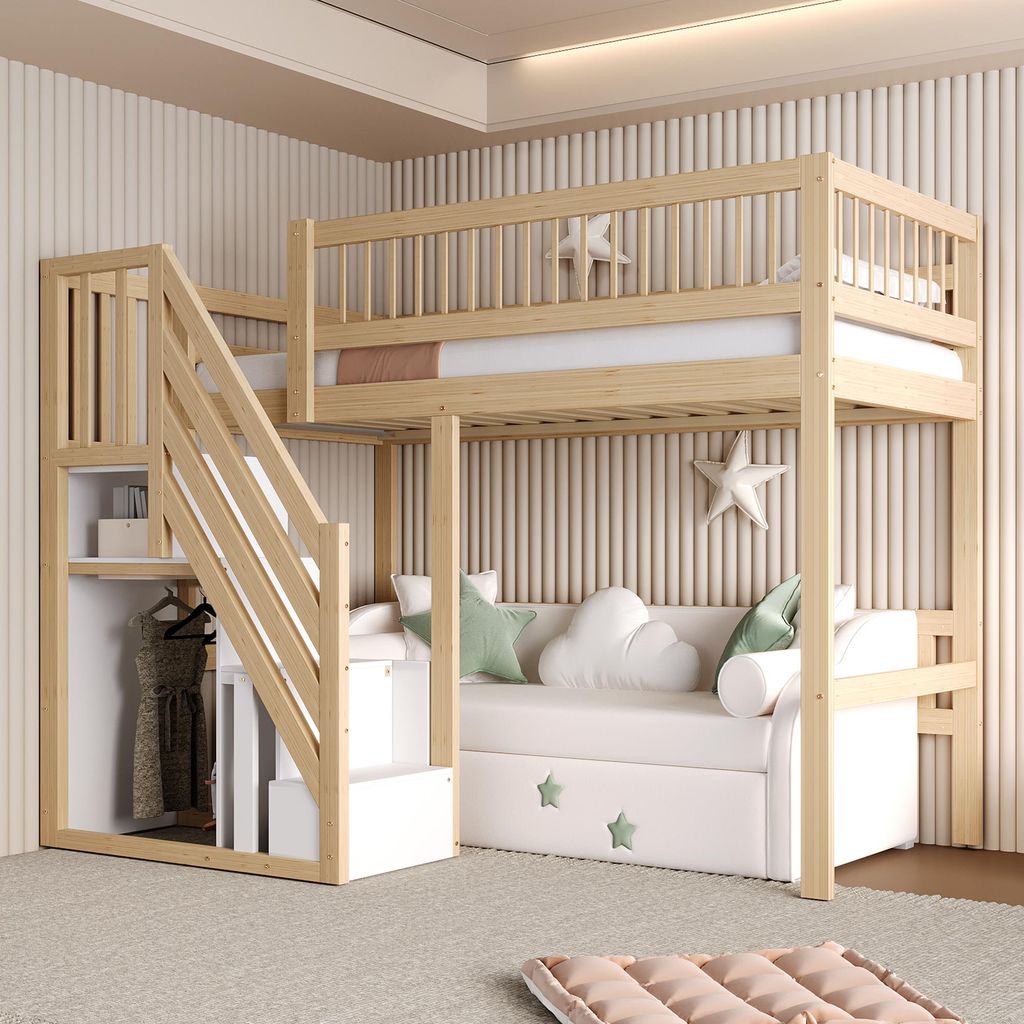A child's bedroom with a wooden bunk bed, daybed, and integrated storage.