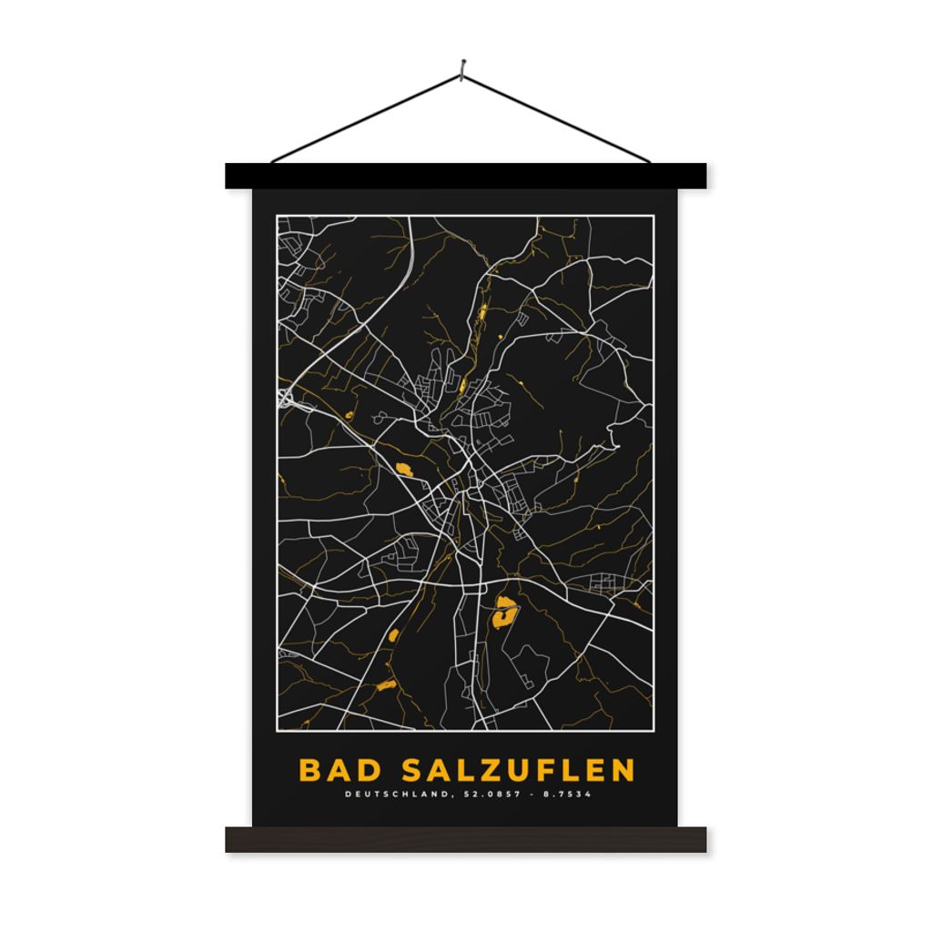 MuchoWow Textilposter Deutschland - Schwarz und Gold - Bad Salzuflen - Stadtplan - Karte 120x180 cm mit schwarzem Rahmen - Fotos