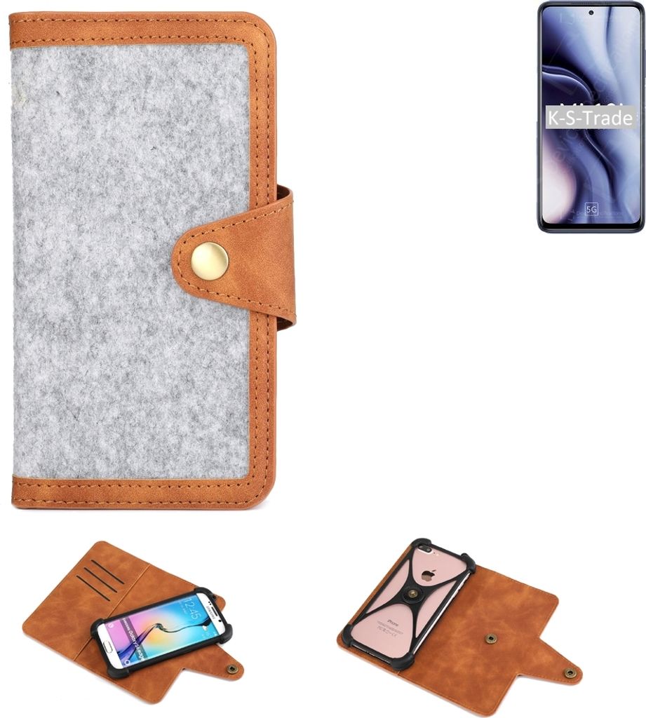 K-S-Trade Handyhülle kompatibel mit Xiaomi Mi 10i Schutzhülle Filz-Hülle Kunst-Leder hellgrau braun (1x)