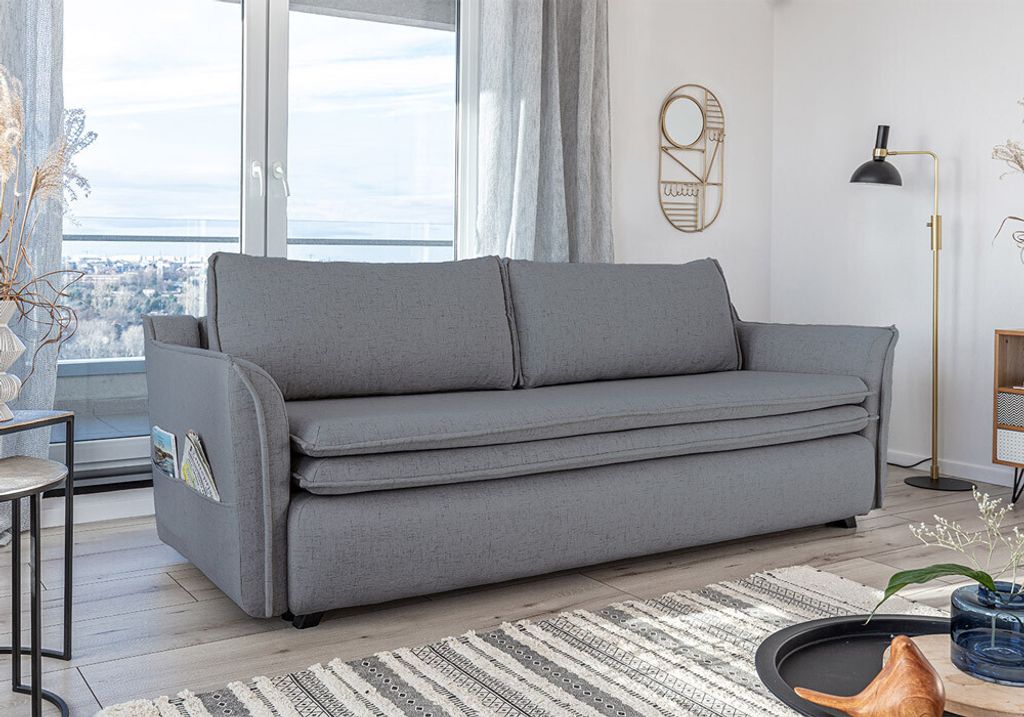 MIUFORM Charming Charlie - Sofa mit Bettfunktion und Bettkasten - 225x92cm - Grau - 3-Sitzer Schlafsofa