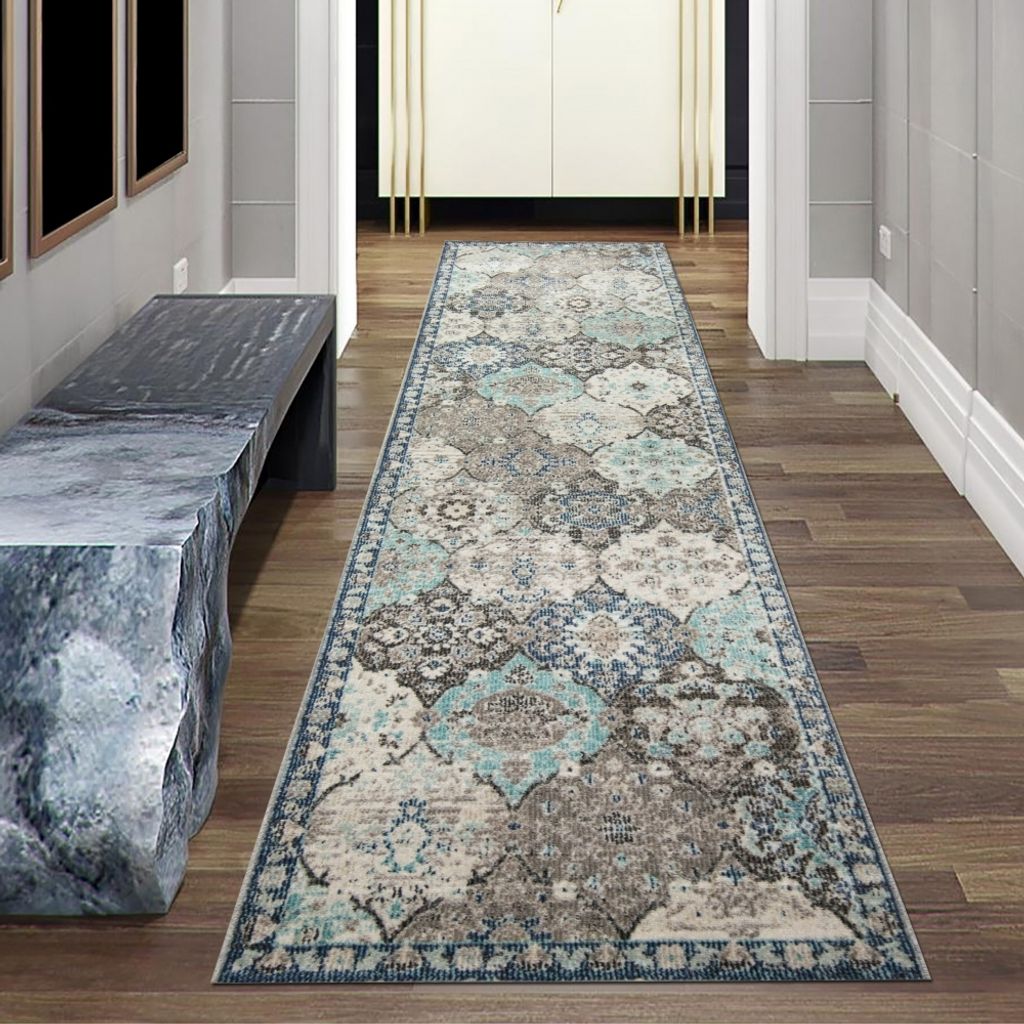 Orientteppich Outdoor Wohnzimmerteppich Ornamente in grau blau Größe - 80 x 300 cm