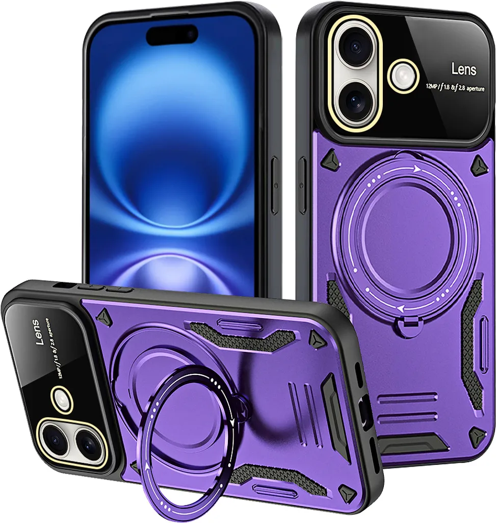 Odolné pouzdro pro iPhone 16 Dual-Layer Magnetic Ring Holder Stand Magsafe Case Fialová