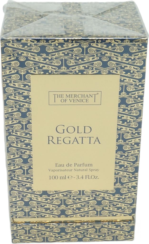 A product box for perfume, with decorative patterns and text.