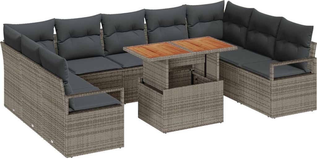 Möbel 10-teiliges Garten Sofa Set mit Kissen Grau Poly-Rattan Akazie, 2-Sitzer Garten Sofa mit Kissen Grau Poly-Rattan - Gartensofas 3349754