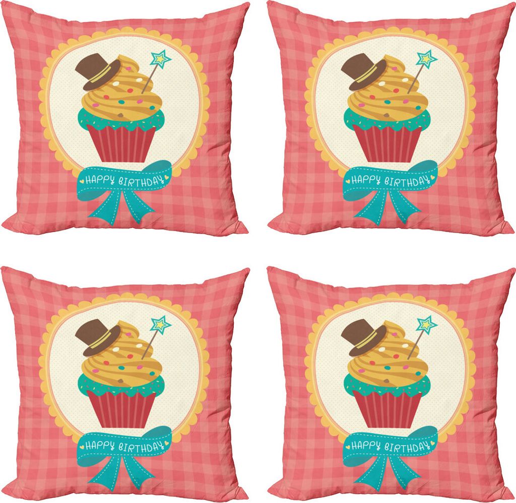 ABAKUHAUS Cupcake Kissenbezug Set (4 Stück), Alles Gute zum Geburtstag Kalligraphie, Moderner Doppelseitiger Digitaldruck, 45 cm x 45 cm, Mehrfarbig