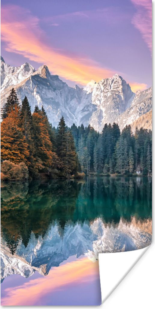 MuchoWow Poster Berg - Wald - Wasser - Himmel - Rosa - Lila 75x150 cm - Dekoration für die Wände