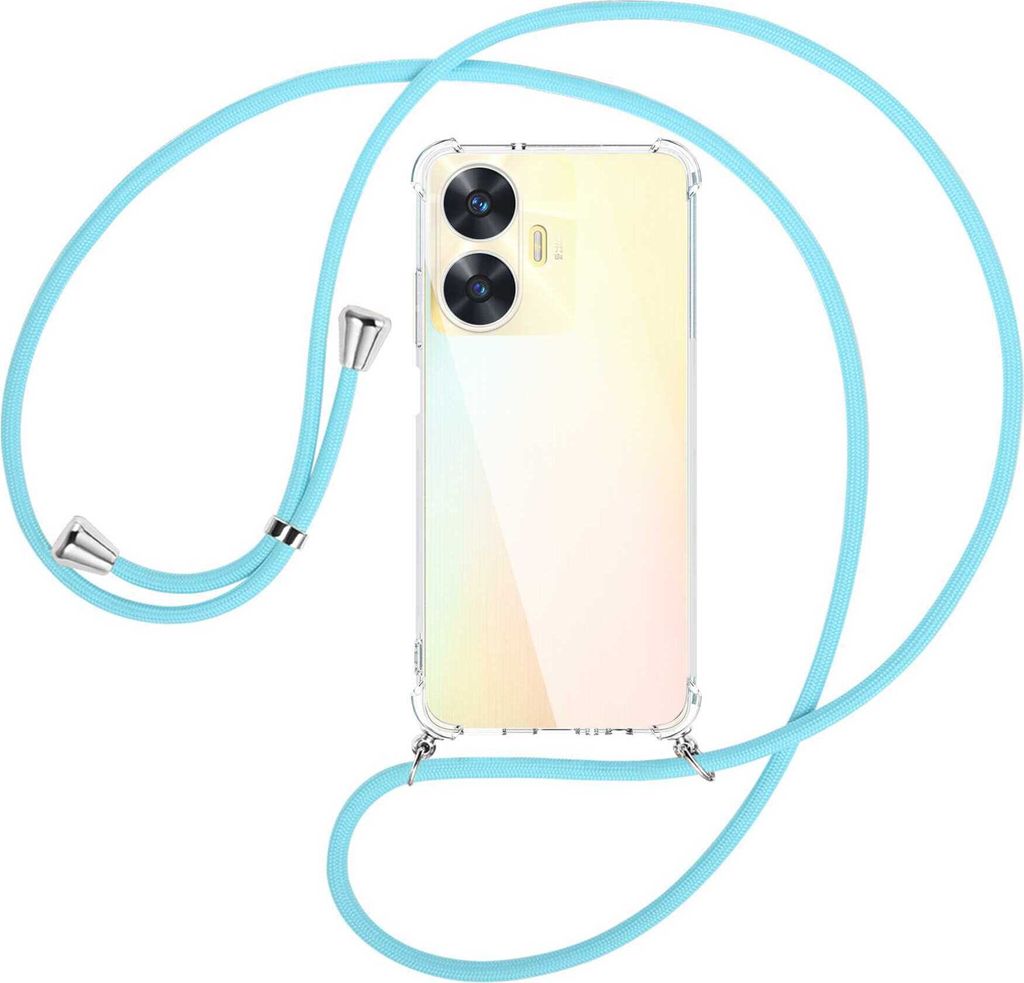 Handykette Backcover-Schutzhülle mit Band (Metall silberfarben) für Realme C55 (6.72'') - himmelblau