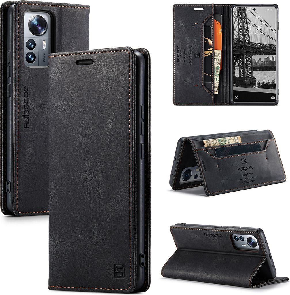 Xiaomi 12 Lite Brieftasche Hülle, Retro Kunstledertasche Stand Schutzhülle für Xiaomi 12 Lite Schwarz