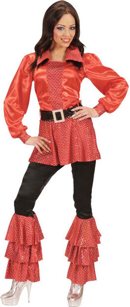 70er Disco Satin-Schlaghosen Damen mit Pailletten schwarz-rot
