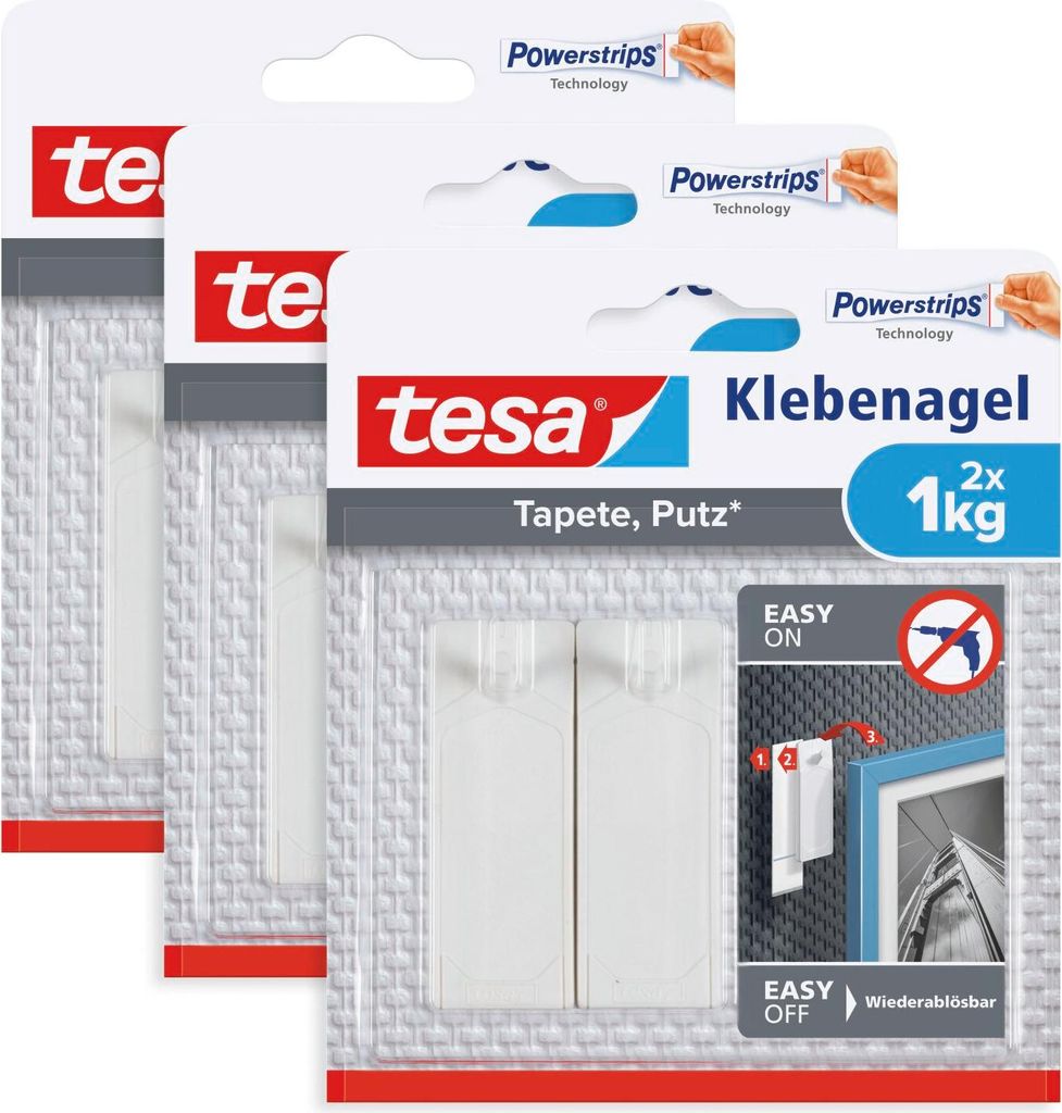 tesa Powerstrips Klebenagel (3 x 2 Stck.) für Tapeten & Putz - bis 1 kg