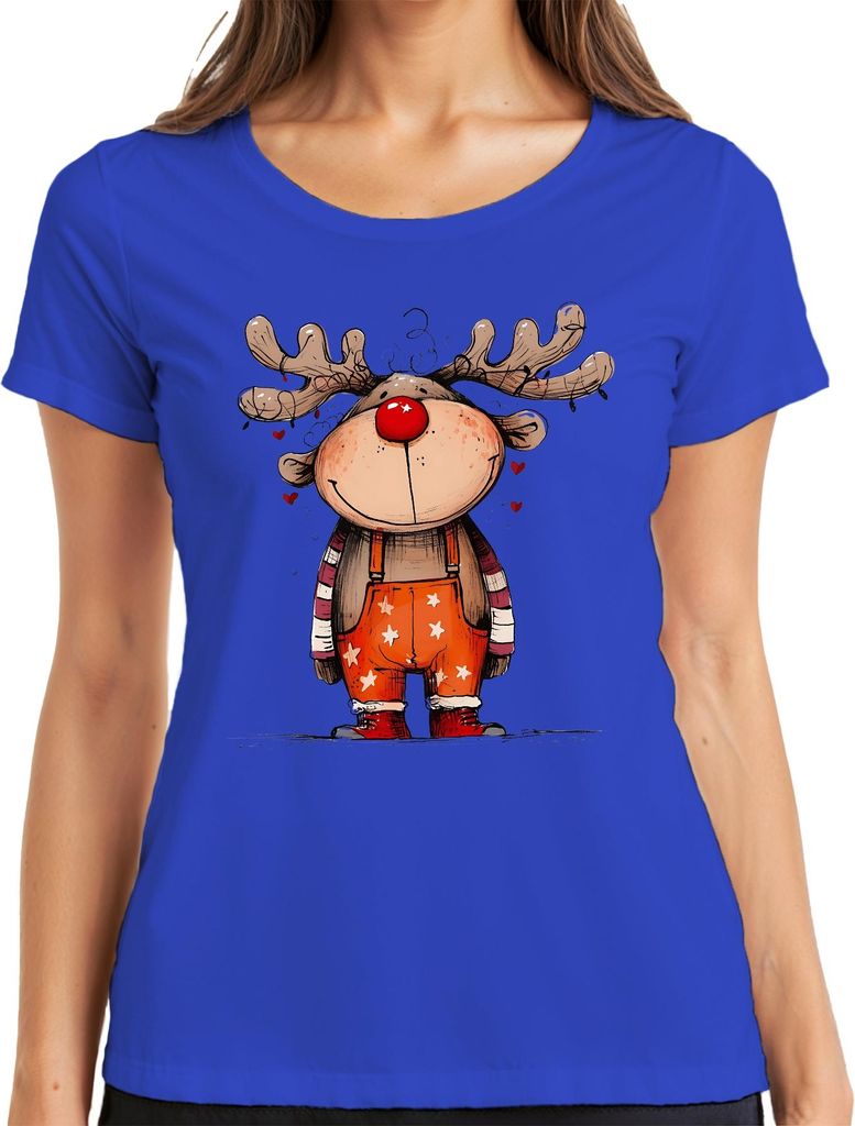 Niedliches Rentier mit roter Nase Rudolf Weihnachten Geschenk Damen T-Shirt, Blau, 3XL