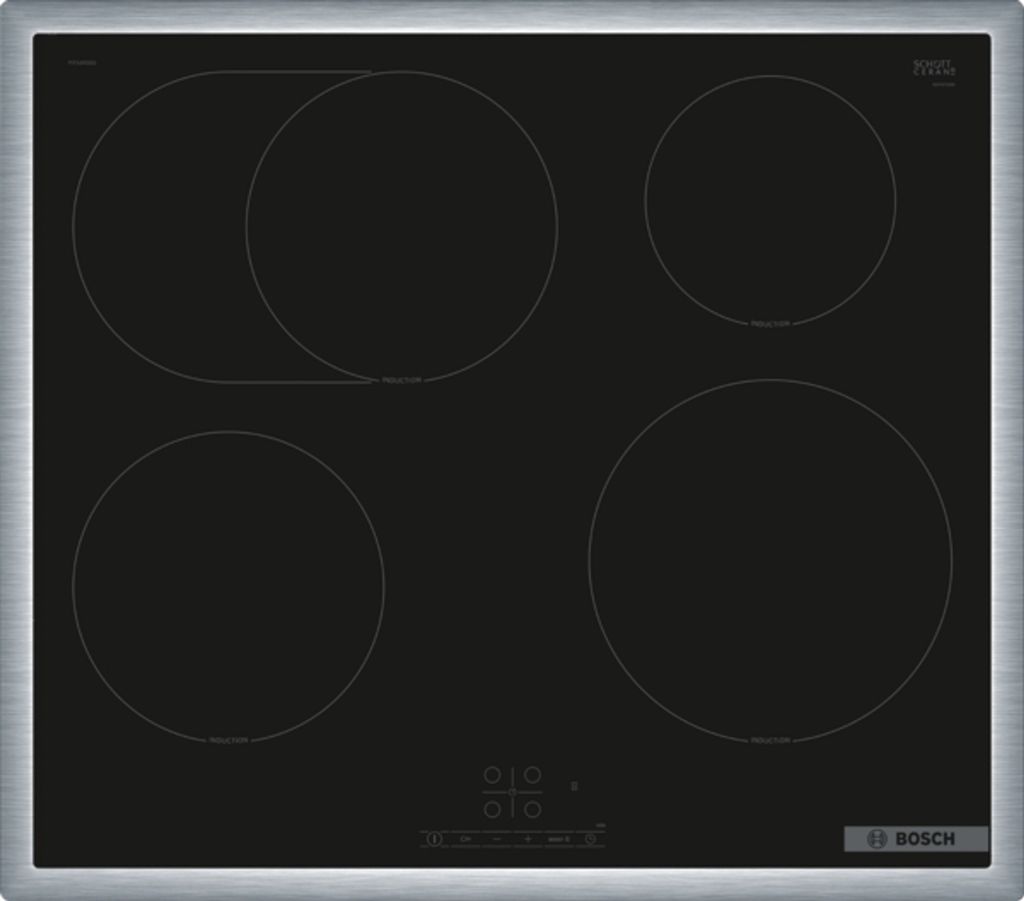 A top-down view of a black induction cooktop with four heating zones and control panel.