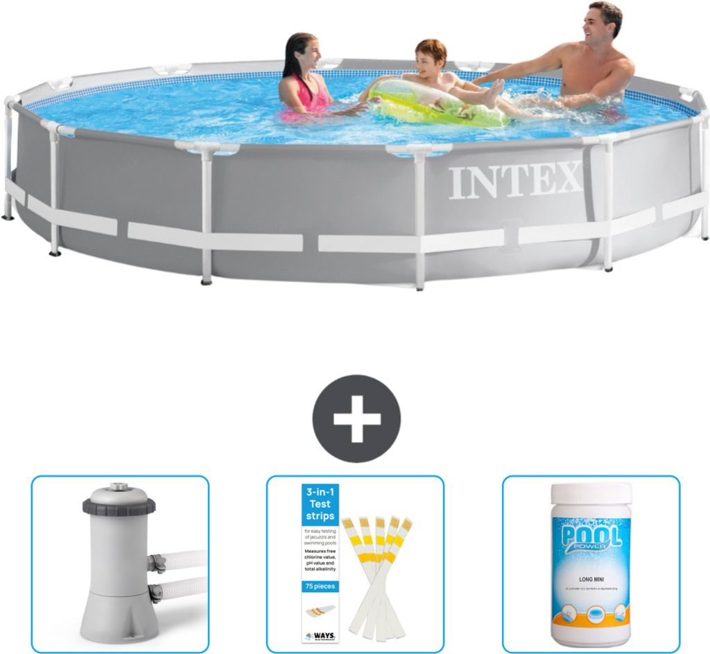 Intex Pool mit rundem Prismenrahmen – 366 x 76 cm – Grau – im Lieferumfang enthalten Filterpumpe für Schwimmbad - Teststreifen - Chlor
