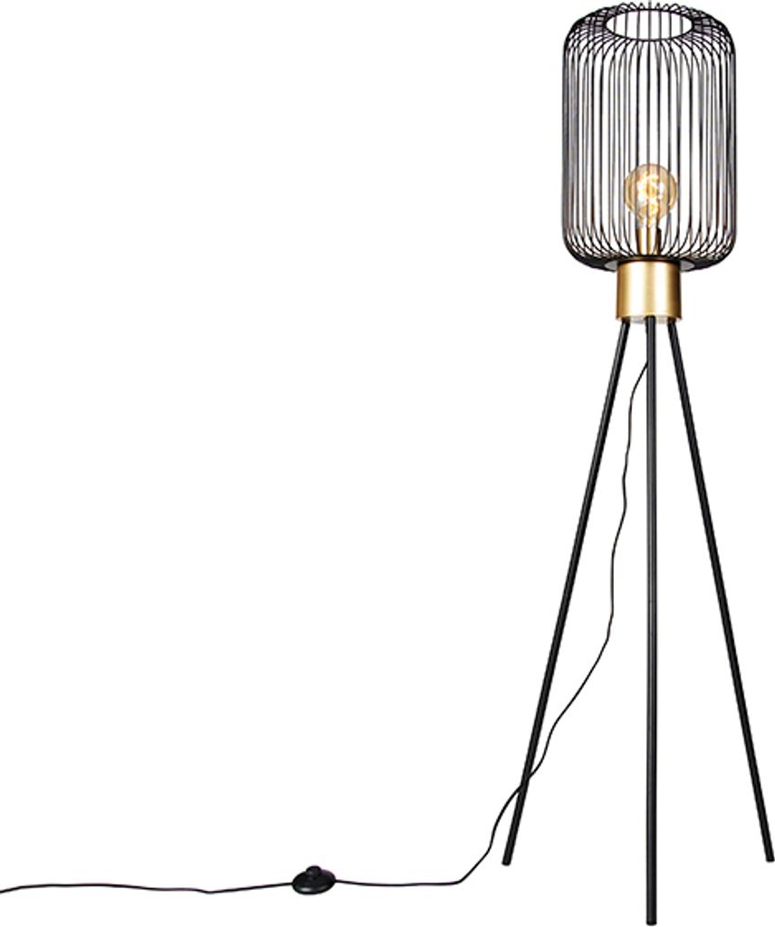 QAZQA - Modern Design-Stehlampe schwarz mit Gold I Messing - Mayelle I Wohnzimmer I Schlafzimmer - Stahl Rund - LED geeignet E27