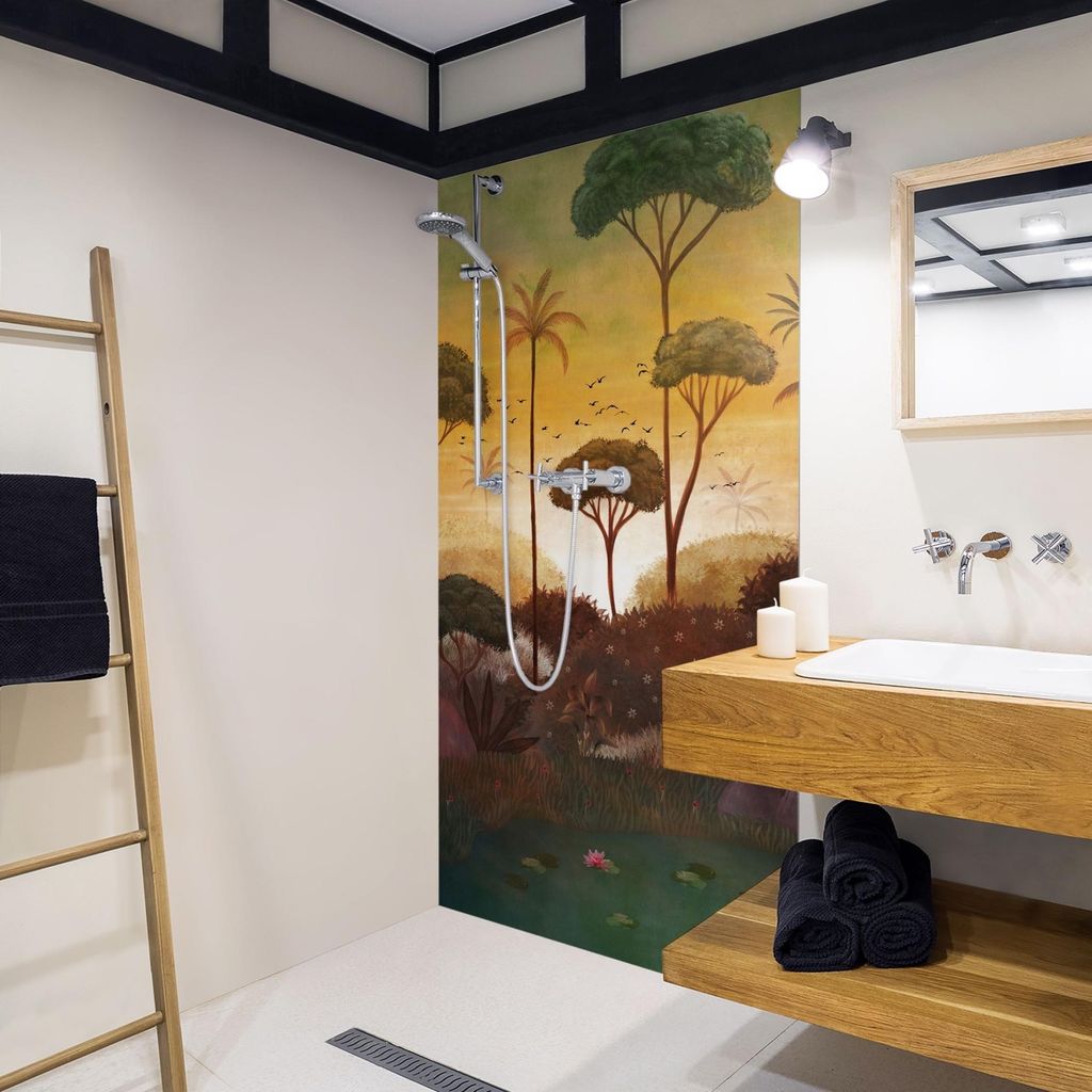 Duschrückwand Wald selbstklebend - 0.61 mm Wandpaneel wasserfest Pflanzen grün Tropisch Badrückwand fugenlos Premium matt 100x200 cm