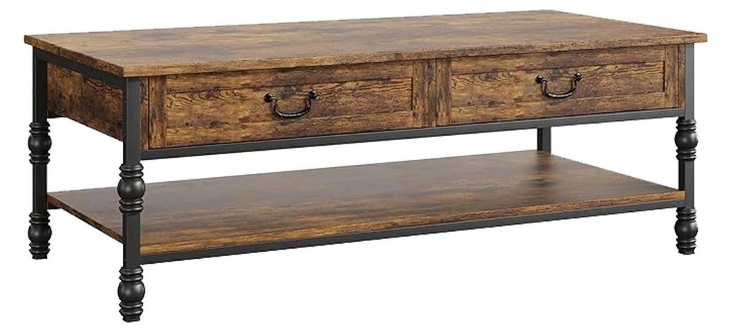 Rustikaler Couchtisch aus Holz - Rechteckig 104 cm - 2 Schubladen und Ablageboden - Wohnzimmertisch - Braun