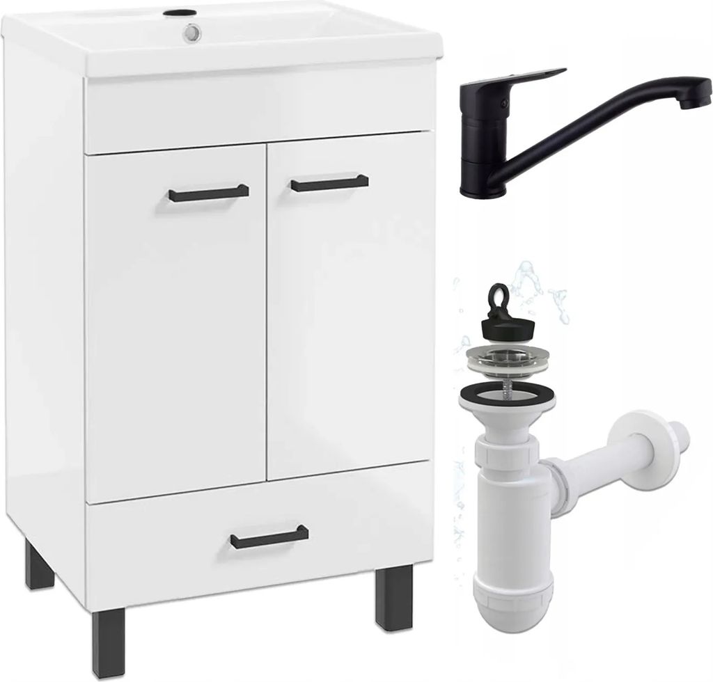 A white bathroom vanity with a sink, a black faucet, and a white siphon are displayed against a white background.