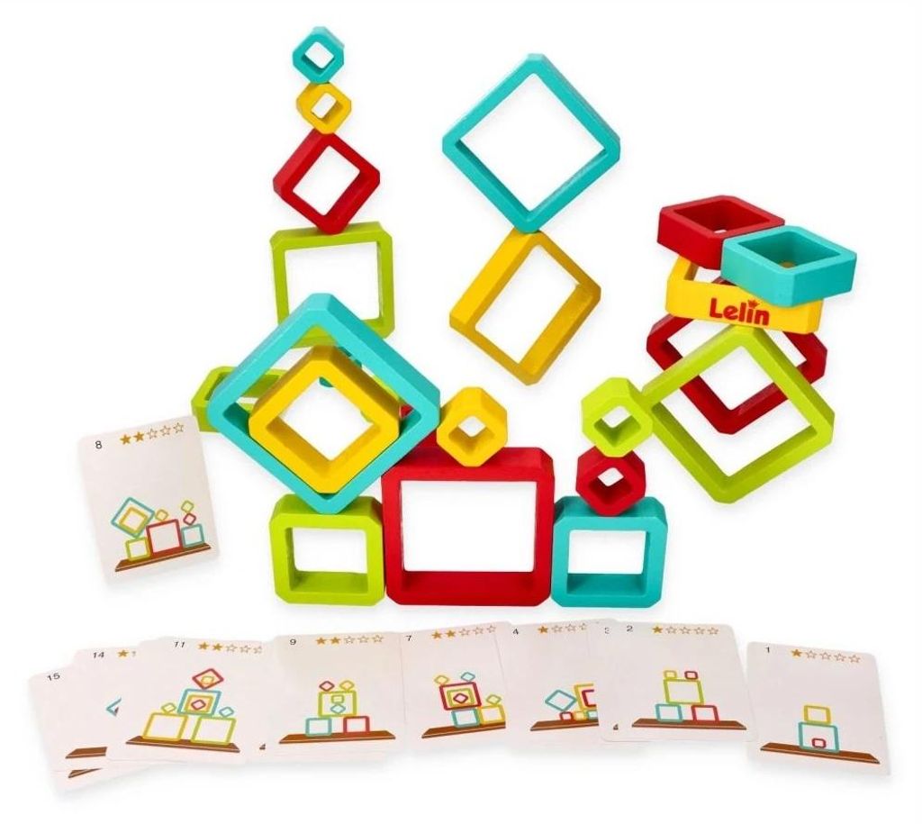 Lelin Geometrisches Balance-Steckspiel – Holz-Geschicklichkeitsspiel 24 Teile + 15 Karten (30 Muster, 3 Größen, Motoriktraining) – ab 3 Jahre...