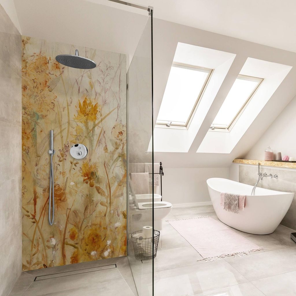 Duschrückwand Blumen selbstklebend - 0.35 mm Wandpaneel wasserfest Blumenwiese gelb Aquarell Illustration Badrückwand fugenlos Smart matt 110x190 cm